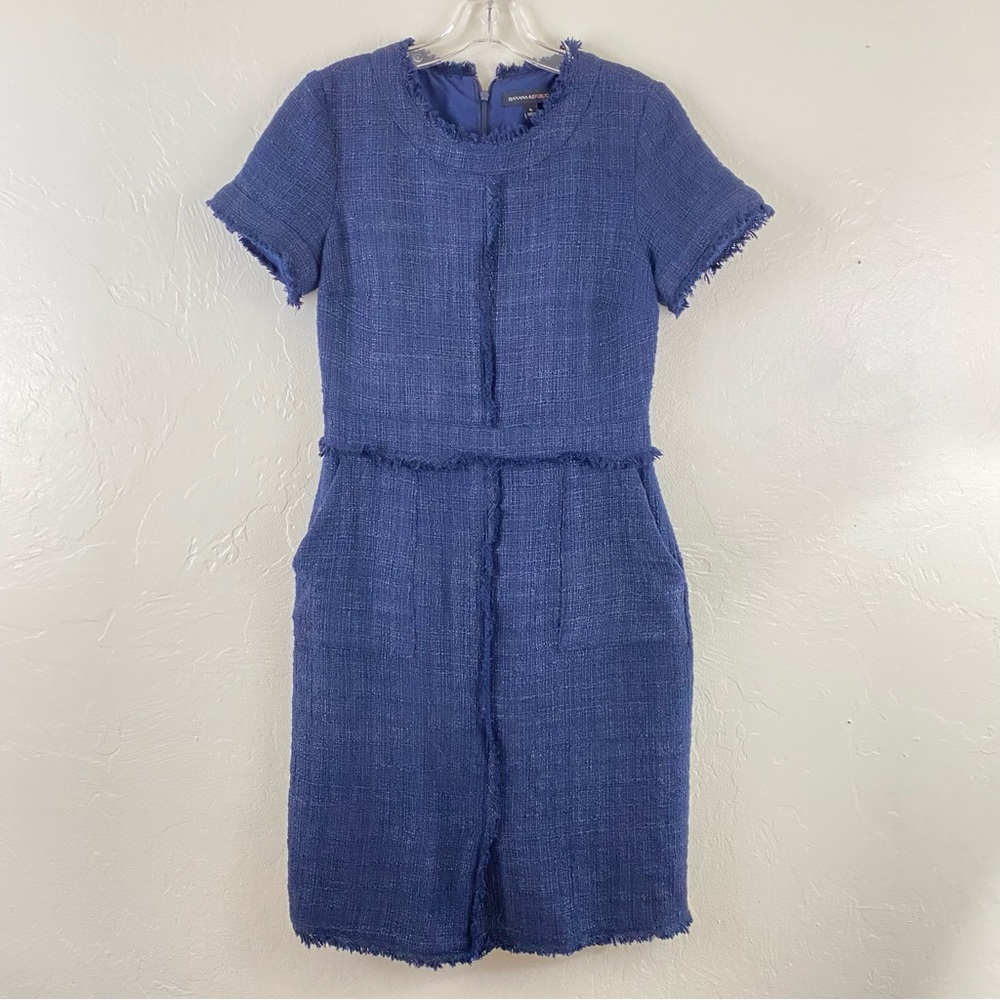 Banana Republic Size 6 Navy Blue Tweed Knit Short Sleeve Midi Length Dress